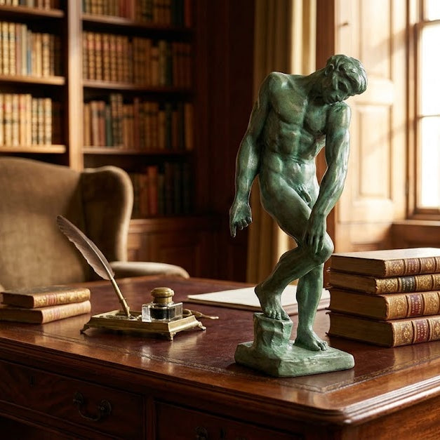 Statue on a desk with books and a globe in an office setting