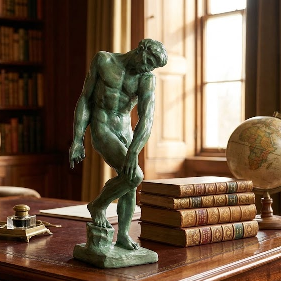 Statue on a desk with books and a globe in an office setting