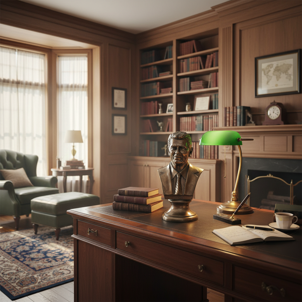 Stylish office interior with a desk, bookshelf, and decorative items.