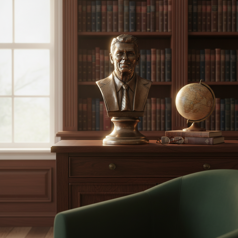 Bust of a man on a wooden desk with books and a globe in a library setting