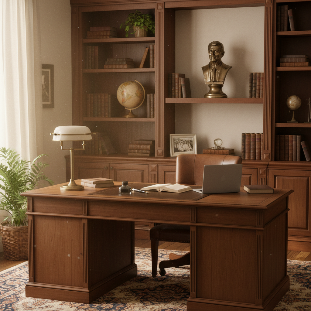 Wooden desk with chair in a room with bookshelves and decorative items