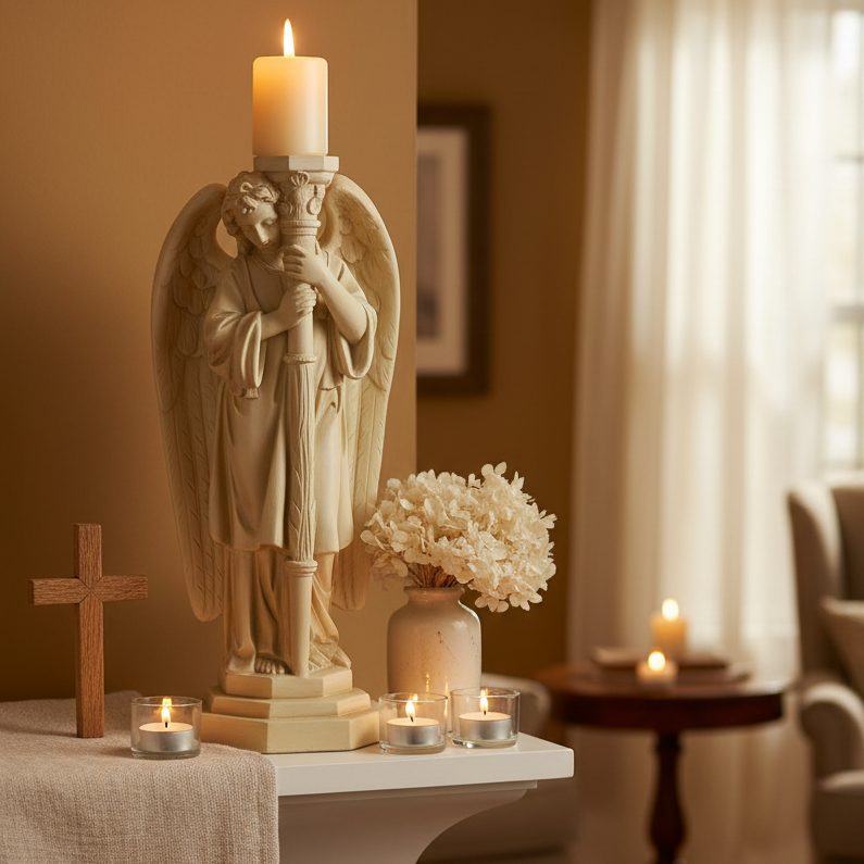 Statue of an angel on a mantelpiece with candles in a cozy living room.