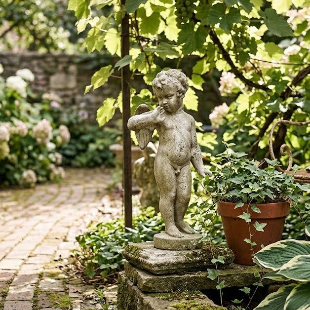 A garden scene with a small stone cherub statue on a pedestal, surrounded by green foliage, a brick path, a potted plant, and a rustic chair with a draped blanket and a teacup.