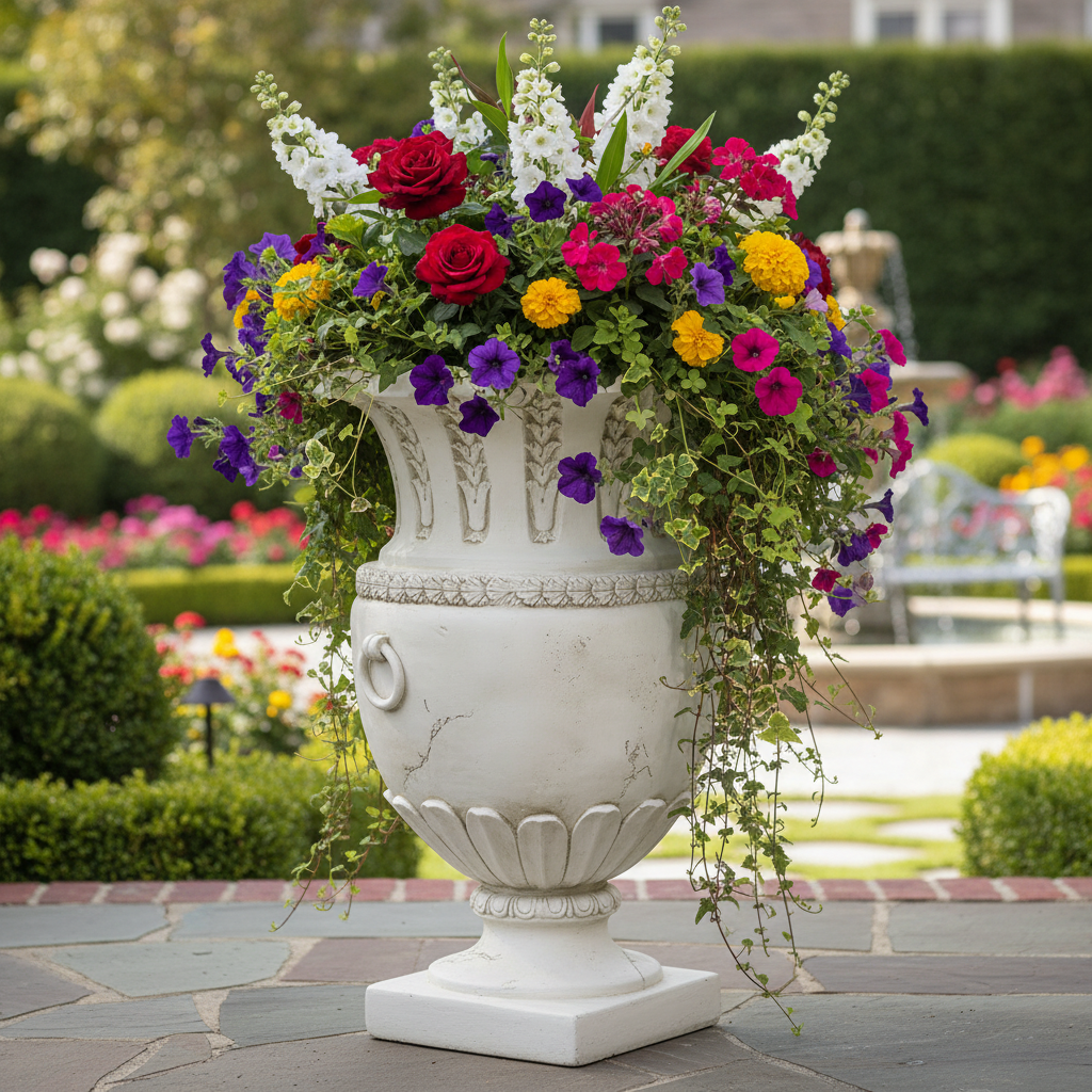 Apian Vessel 30 H - Architectural   Urns - Decorative white urn filled with colorful flowers in a garden setting
