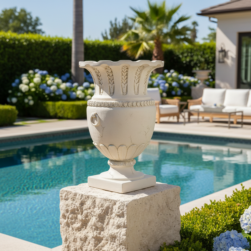Apian Vessel 30 H - Architectural   Urns Decorative urn on a stone pedestal by a pool with garden and house in the background