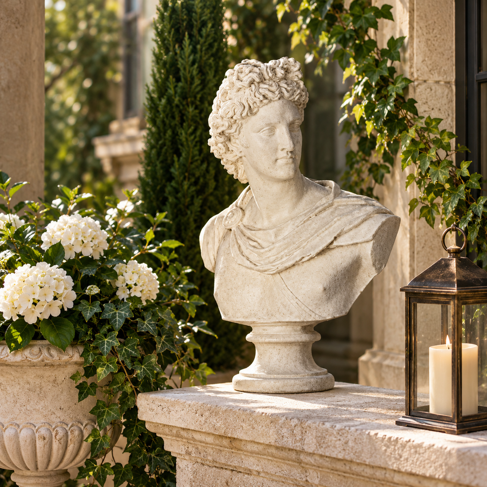A classical-style stone bust statue of a young man with curly hair, displayed on a stone ledge in an outdoor garden setting with white flowers, greenery, and a lantern candle.