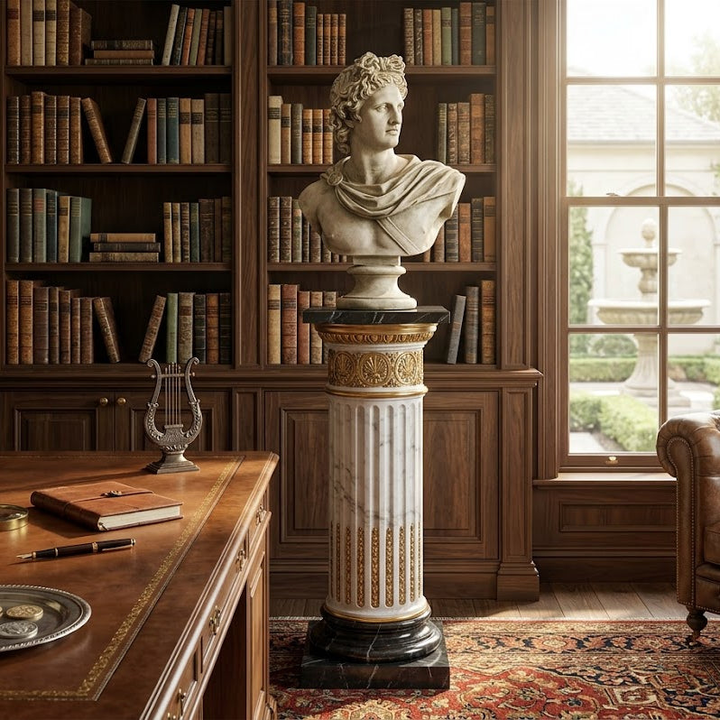 Apollo Belvedere Classical Bust Stately room with bookshelves, a marble bust on a pedestal, and a leather chair.