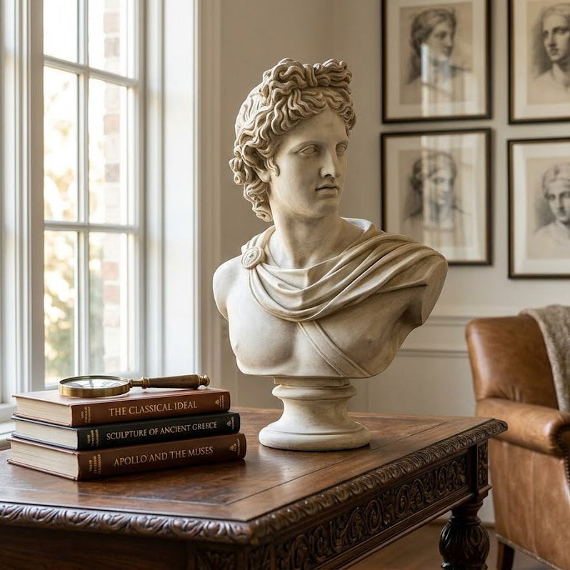 Bust of a classical figure on a wooden table with books, in a room with a leather chair and framed artworks.