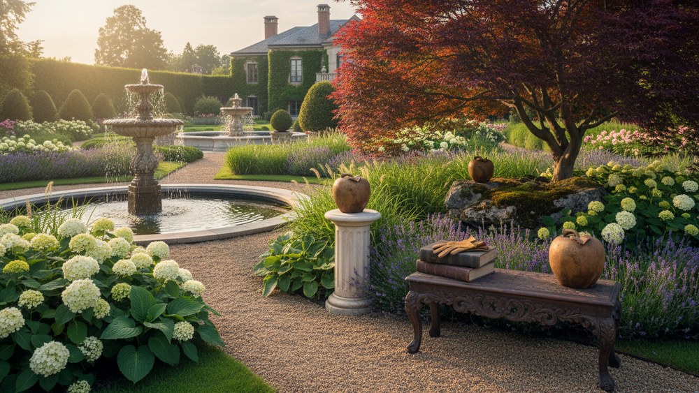 Garden scene with a fountain, bench, and decorative elements