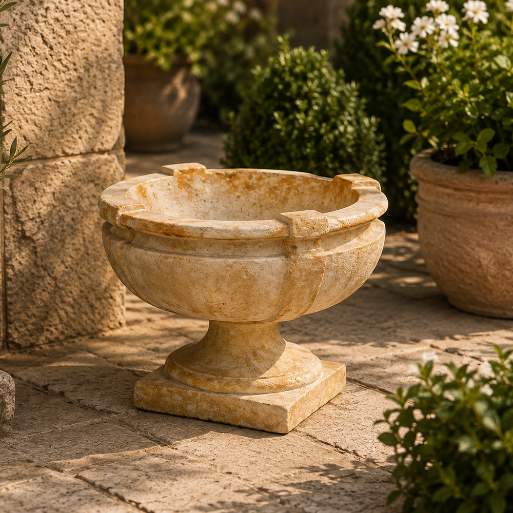 A round stone pedestal planter with a flared rim, styled outdoors on a stone patio next to potted plants and a textured stone wall.