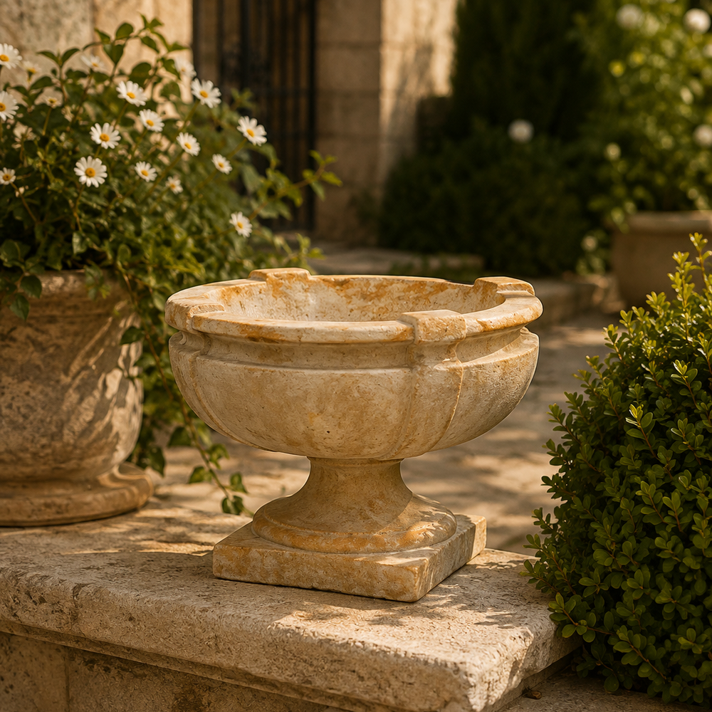 A stone pedestal planter or urn-style garden pot with a flared rim, shown outdoors on a stone ledge beside greenery and white flowers.
