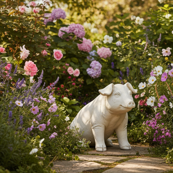 A white stone pig statue sits on a garden path surrounded by lush green foliage and colorful pink, purple, and white flowers.