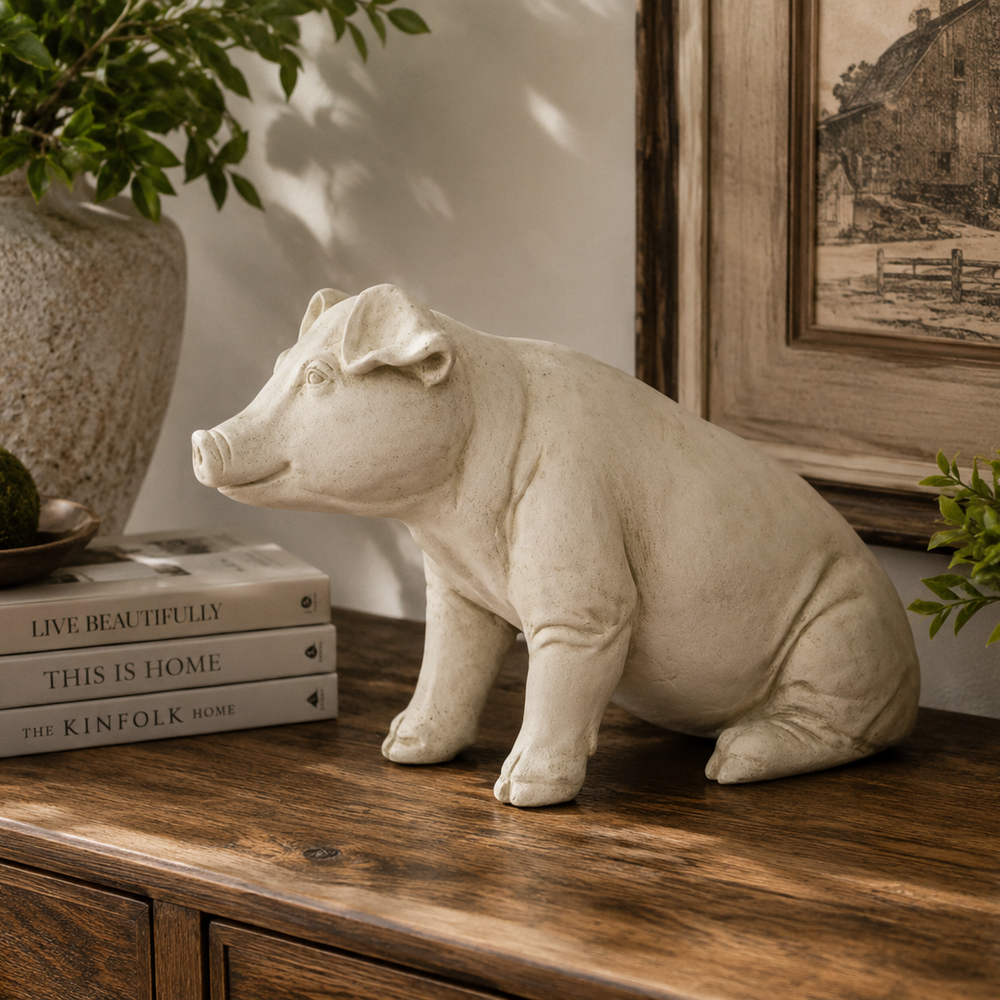 Decorative pig statue on a wooden surface with books and plants in the background