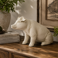 Decorative pig statue on a wooden surface with books and plants in the background