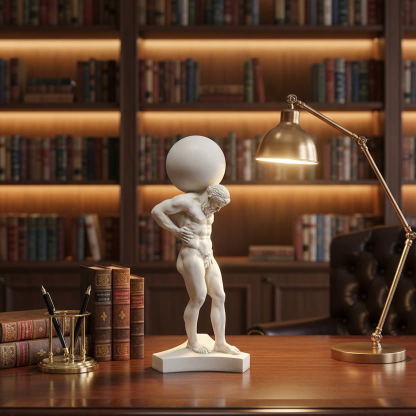 Atlas Holding Sphere Statue of a man with a sphere on his head on a desk with books and a lamp in the background