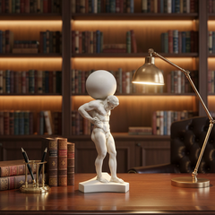 Atlas Holding Sphere Statue of a man with a sphere on his head on a desk with books and a lamp in the background
