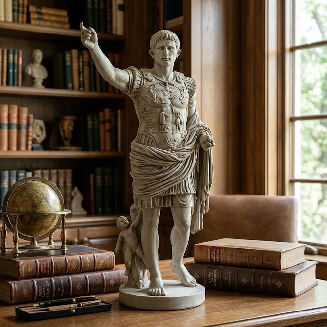 Statue of a Roman emperor on a table with books and a globe in a library setting