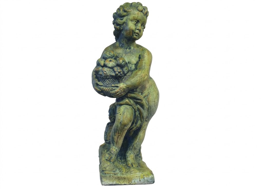 Autumn Season Cherub 24" H  Statue of a child holding grapes on a white background