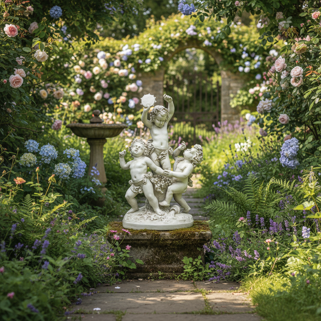 Statue of three children playing in a garden with flowers and a fountain.