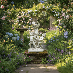 Statue of three children playing in a garden with flowers and a fountain.
