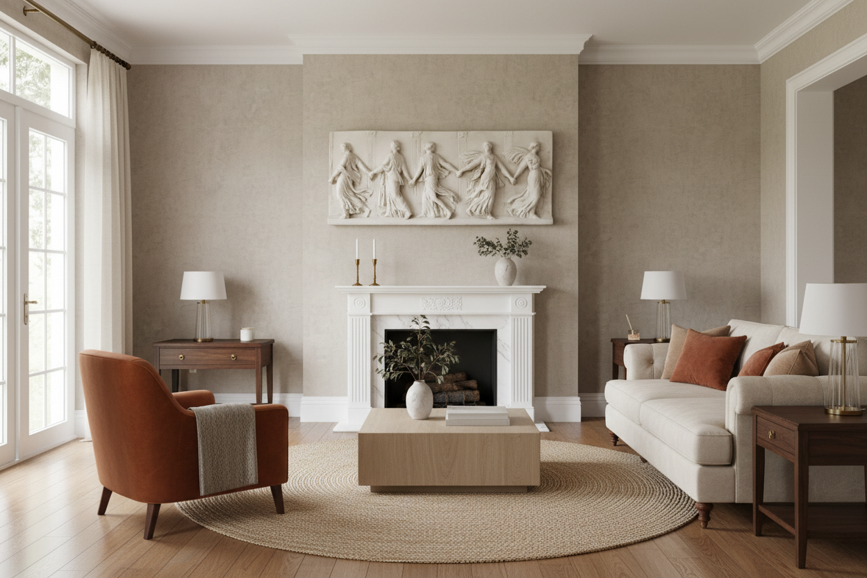 Living room with beige walls, a white fireplace, and modern furniture.
