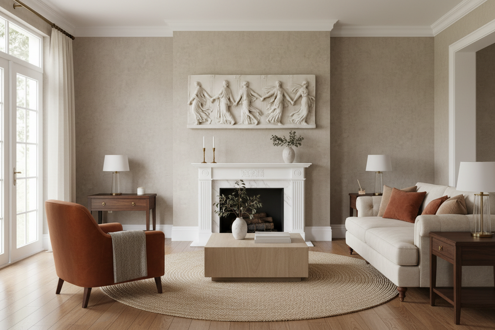 Living room with beige walls, a white fireplace, and modern furniture.