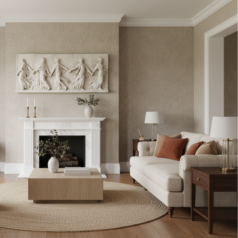 Living room with a fireplace, white sofa, and decorative wall art.