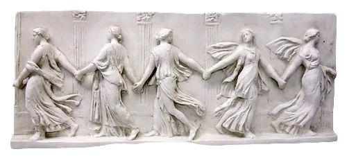 White marble relief sculpture of five dancing figures