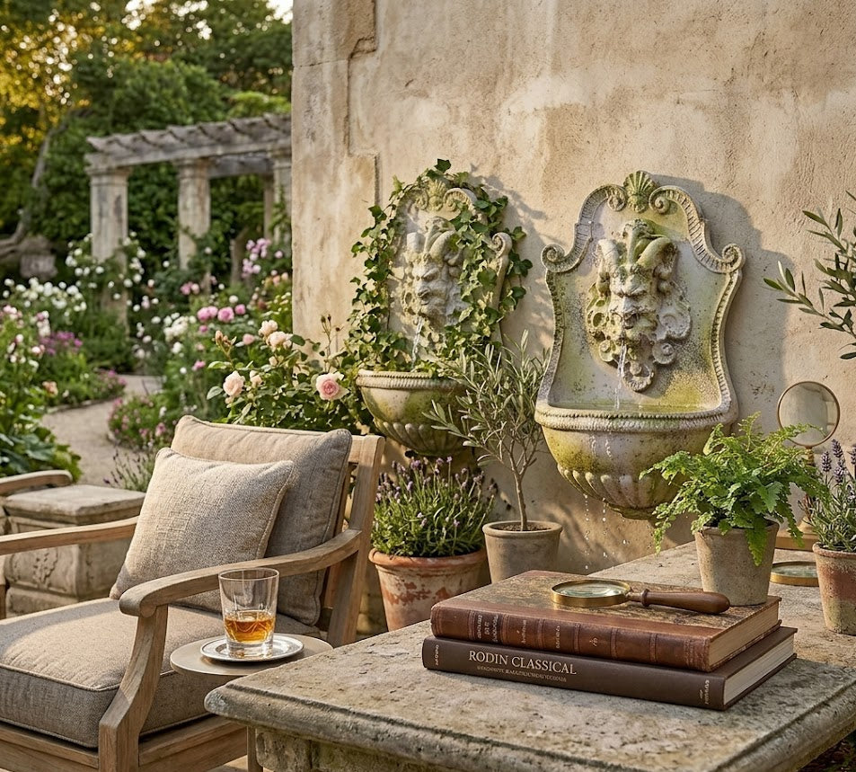 Outdoor patio with stone wall, table, and chairs in a garden setting