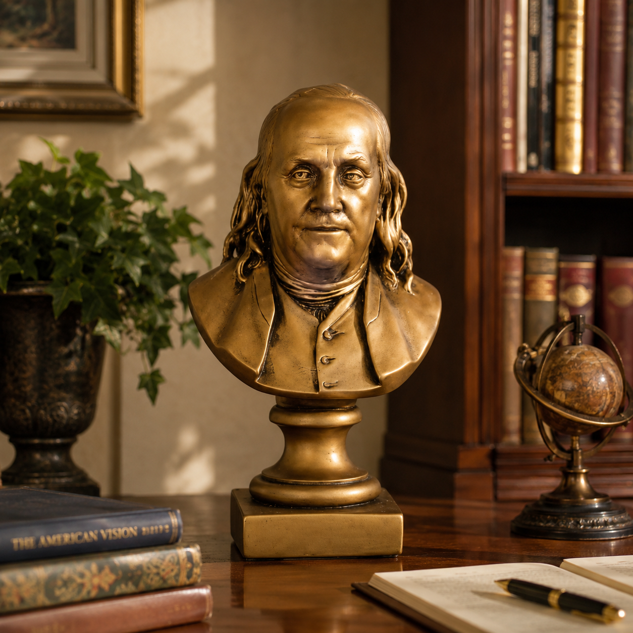 Bronze bust of a historical figure on a wooden desk with books and a globe in the background