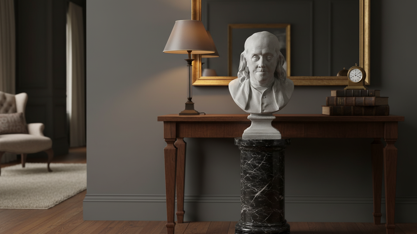 Benjamin Franklin Bust on a pedestal in a room with a lamp and framed pictures on the wall.