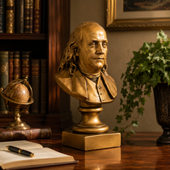 Bronze bust of a historical figure on a desk with books and a plant in the background