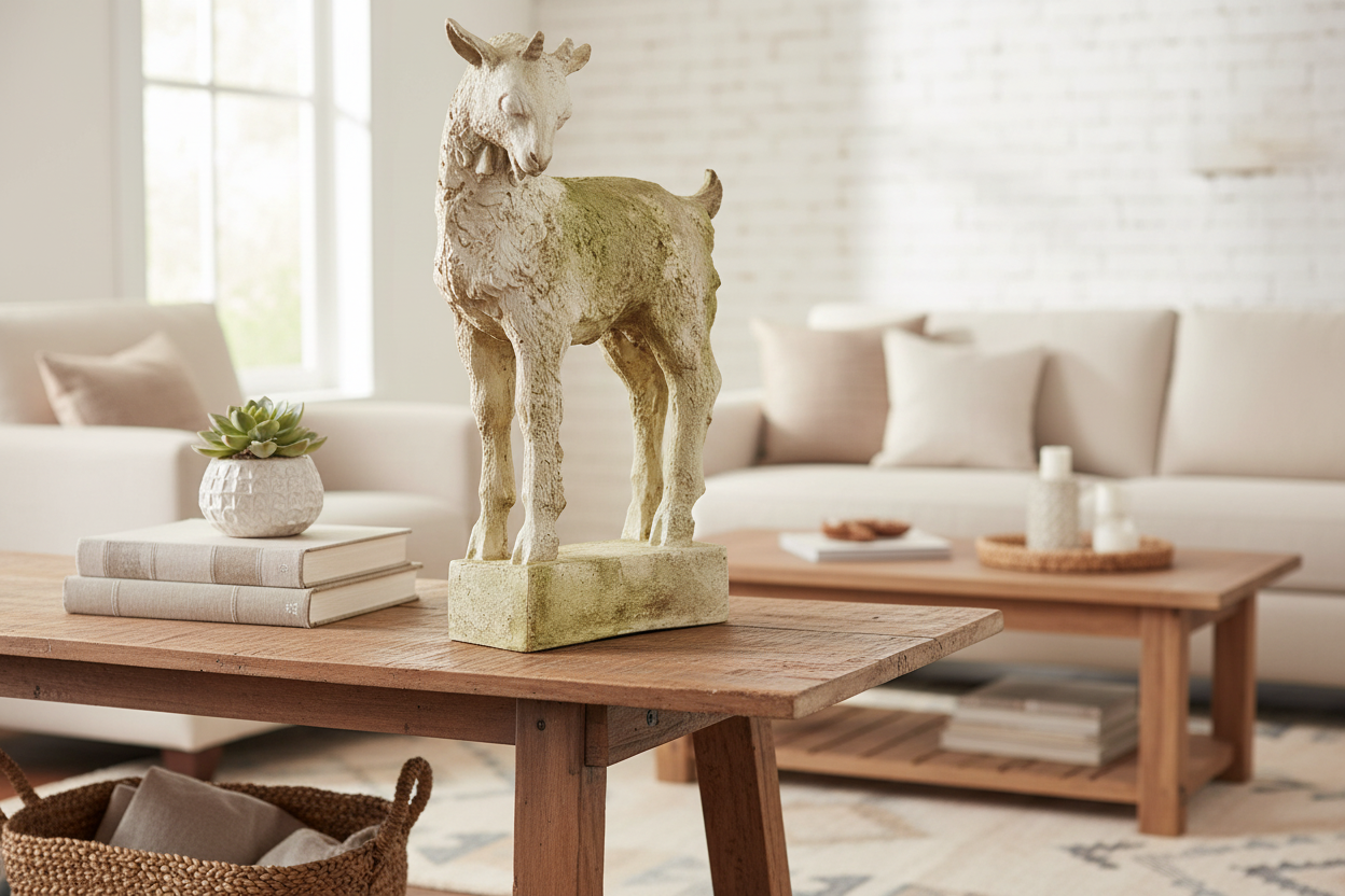 Decorative statue of a deer on a wooden table in a living room setting_Billy Goat 26 — Garden Animal Statue