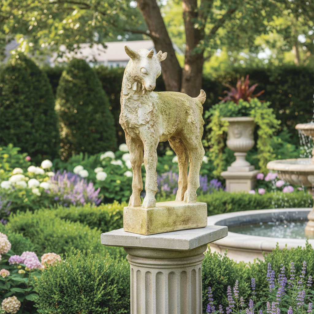Statue of a goat on a pedestal in a garden setting with flowers and trees Xoticbrands Billy Goat 26 — Garden Animal Statue