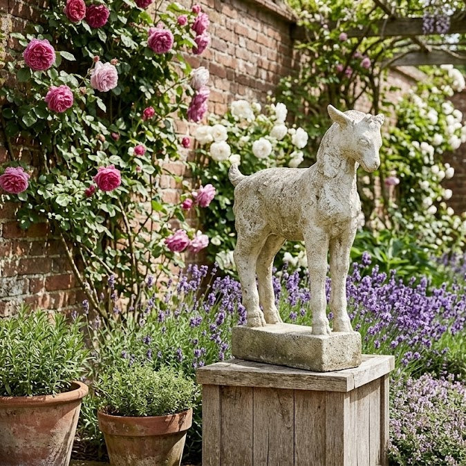 Garden scene with stone donkey statue, potted plants, and a watering can.