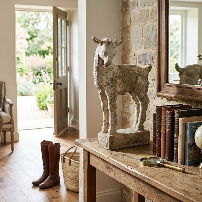 Nestled living room with stone goat sculpture, books, and decorative items on a wooden console table Billy Goat 26 — Garden Animal Statue
