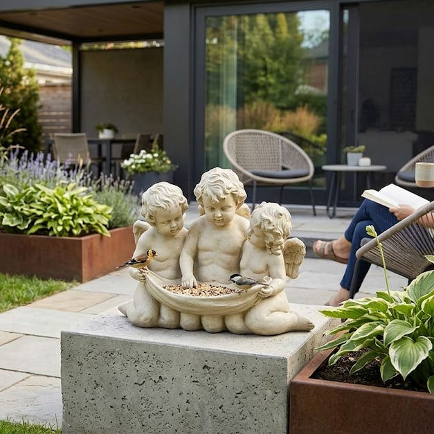Decorative garden with statues and plants in a backyard setting