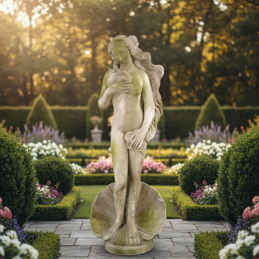Statue of a woman in a garden with manicured hedges and flowers