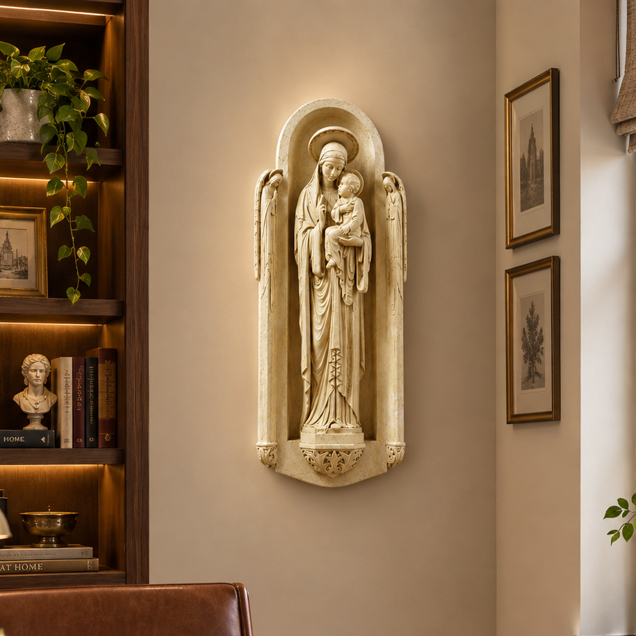 A cream-colored stone or plaster religious wall sculpture of the Virgin Mary holding the infant Jesus, mounted on a beige wall in a warm, modern home office setting with a wooden desk, leather chair, and bookshelves.