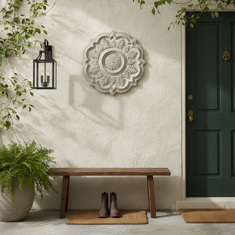 Decorative wall piece above a wooden bench on a porch with a door and plants.