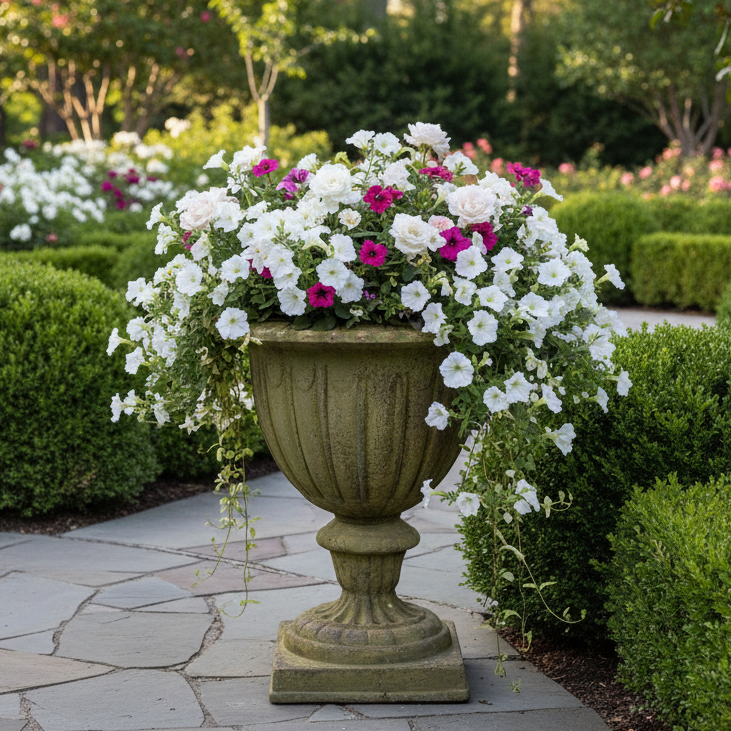 Floral urn planter with white and pink flowers in a garden setting