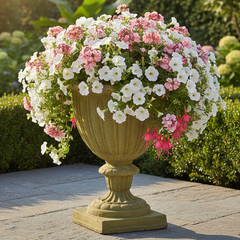 Decorative urn with pink and white flowers in a garden setting