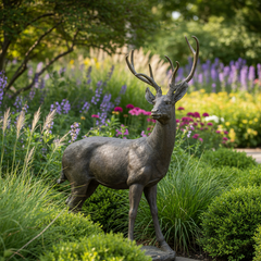 Bronze deer statue in a garden with flowers and greenery