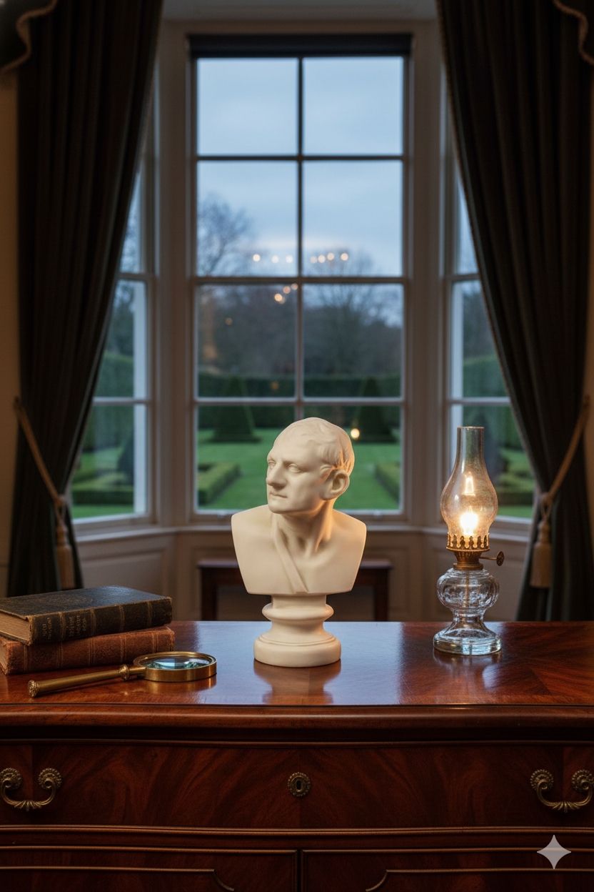 Bust on a wooden desk with a lamp and books, in front of a window with curtains.