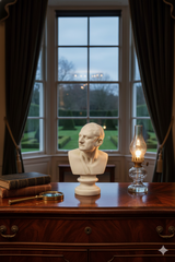 Bust on a wooden desk with a lamp and books, in front of a window with curtains.