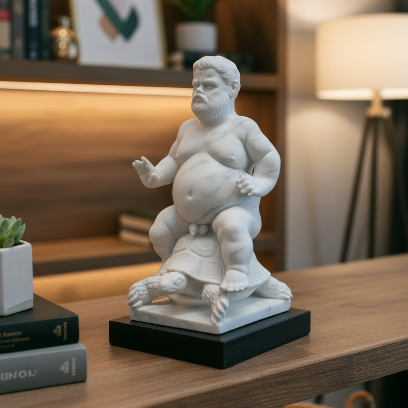 A white figurative sculpture of a seated bearded man on a black rectangular base, displayed on a wooden shelf in a warmly lit home interior with books, a lamp, and plants in the background.