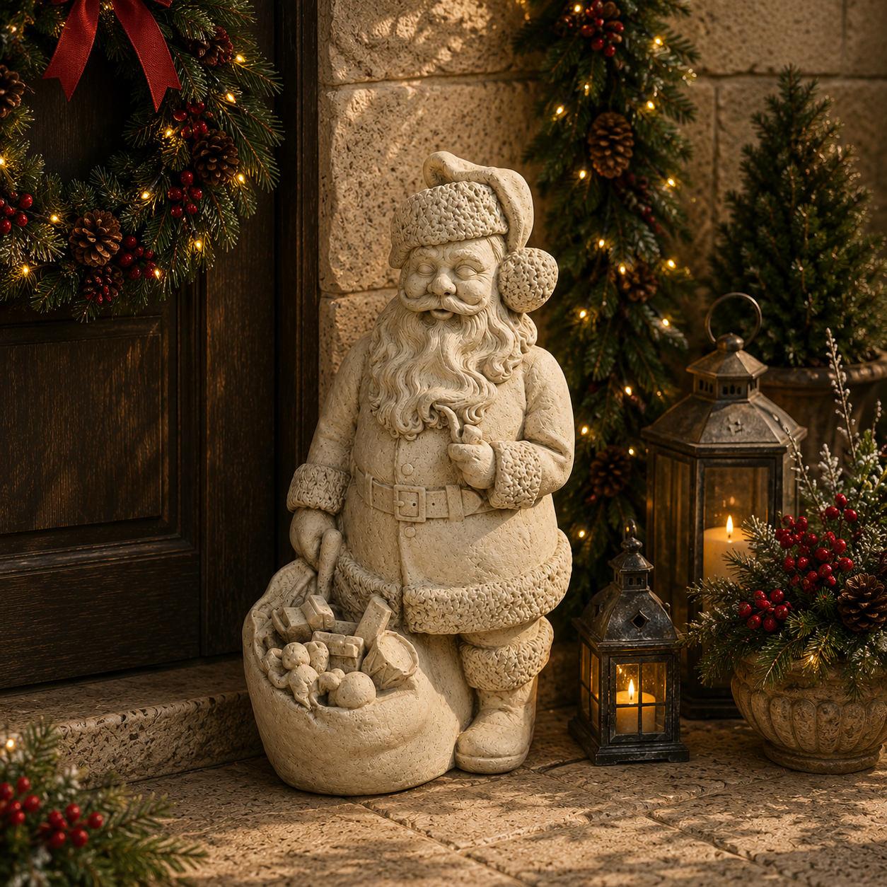 A Santa Claus garden statue in a textured light beige stone finish, standing on a stone doorstep next to a lantern, wreath, and holiday decorations.