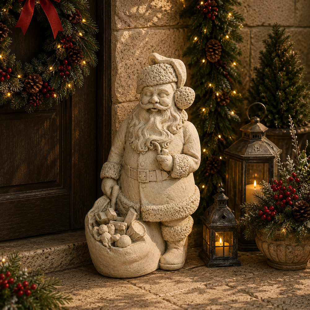 A Santa Claus garden statue in a textured light beige stone finish, standing on a stone doorstep next to a lantern, wreath, and holiday decorations.