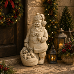 A Santa Claus garden statue in a textured light beige stone finish, standing on a stone doorstep next to a lantern, wreath, and holiday decorations.