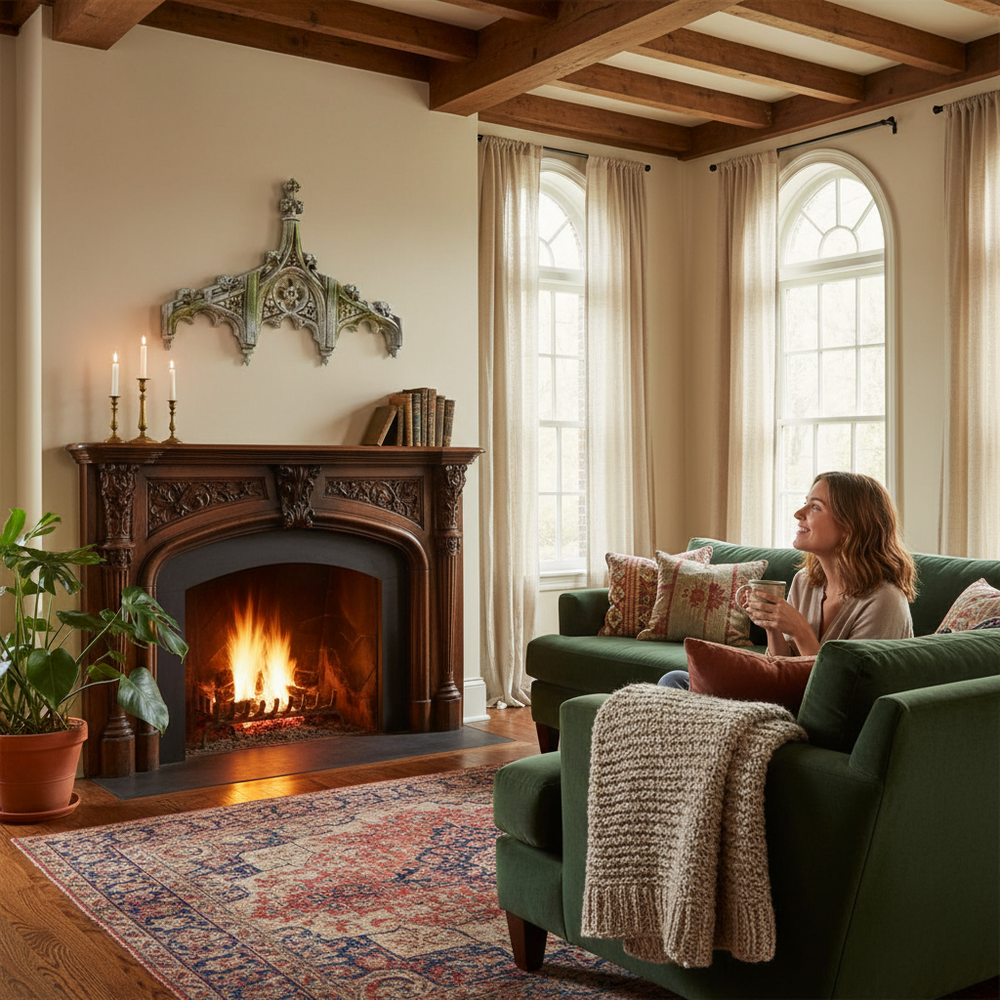Woman sitting on a green sofa in a cozy living room with a fireplace.